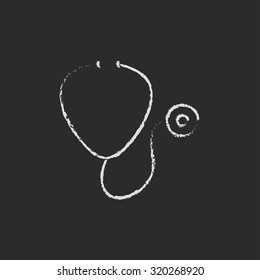 Stethoscope hand drawn in chalk on a blackboard vector white icon isolated on a black background.