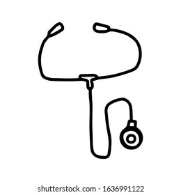 Stethoscope in hand drawn doodle style isolated on white background. Vector stock outline illustration. Single. Sign element. Medical equipment. Logo. Print. Line art. Coloring book. Health check.