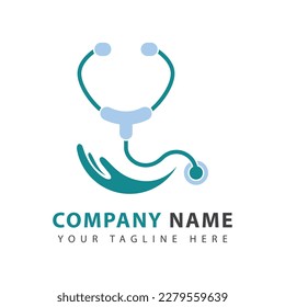 Stethoscope and hand logo design vector, hospital medicine icon. Doctor tool