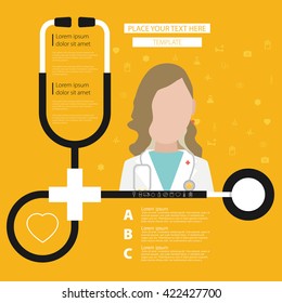 Stethoscope. Health care. Flat vector illustration with text.