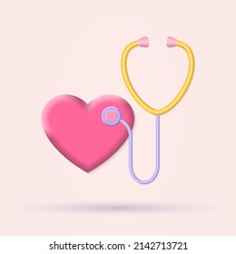 Stethoscope with heart 3d icon. Doctor, hospital symbol. Medical and health care concept. Vector illustration.