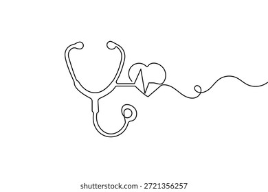 Estetoscópio batimento cardíaco contínuo desenho de uma linha estilo minimalista isolar contorno vetor arte