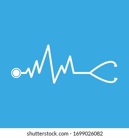 Stethoscope with a heart beat flat icon on blue background