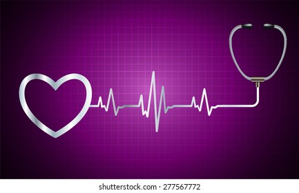 A stethoscope with a heart beat. Illustration. Monitor, pulse. wave. dark purple Technology background for computer graphic website and internet. web icon. monitor. graph.