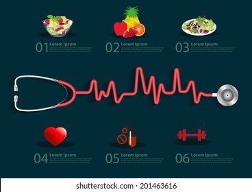 Stethoscope with a heart beat, Info graphics banner modern design template workflow layout, diagram, step up options, Vector illustration