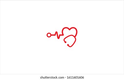 Stethoscope with a heart and heart beat pulse concept in flat vector logo design