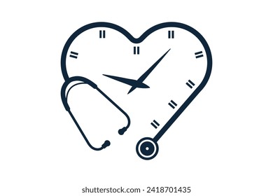 Stethoscope heart Clock Vector, Stethoscope Heart Clock Concept Illustration, Stethoscope Clock Graphic, Stethoscope Heart Shape Vector, Love shape Clock Illustration, Heart Beat