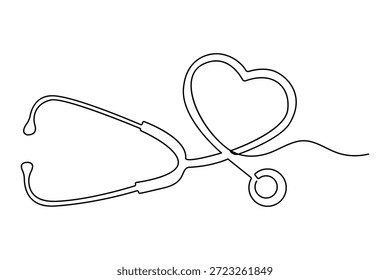 Stethoscope heart continuous line drawing for cardiology and healthcare love concept