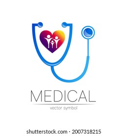 Stethoscope and heart with family vector logotype in blue color. Medical symbol for doctor, clinic, hospital and diagnostic. Modern concept for logo or identity style. Sign health. Isolated on white