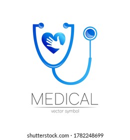 Stethoscope and heart with hand vector logotype in blue color. Medical symbol for doctor, clinic, hospital and diagnostic. Modern concept for logo or identity style. Sign of health. Isolated on white