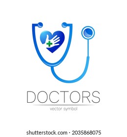 Stethoscope And Heart With Human Hand With Cross Vector Logotype In Blue Color. Medical Symbol For Doctor, Clinic, Hospital And Diagnostic. Modern Concept For Logo Or Identity Style. Sign Of Health.