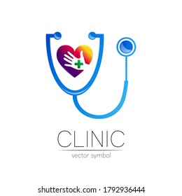 Stethoscope and heart with human hand vector logotype in blue color. Medical symbol for doctor, clinic, hospital and diagnostic. Modern concept for logo or identity style. Sign of health.
