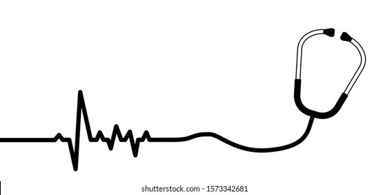 Stethoscope, heart icon. Doctor tool. Stethoscope cardio device. Healthcare, heartbeat pictogram. Medical stethoscope, is an instrument for listening to sounds in the body. Heart check, line pulse.