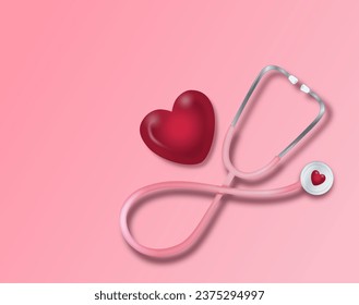 Stethoscope with heart isolated on pink background vector medical illustration.
