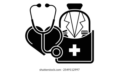 A stethoscope, a heart, and a medical bag. The stethoscope is positioned to the left, curving around the heart, which is depicted in the center. 