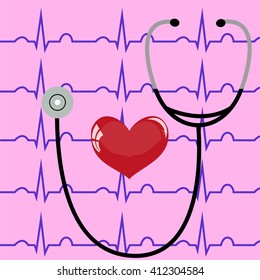 Stethoscope and heart on a pink background and ECG