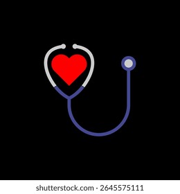 Stethoscope with heart shape icon isolated on black background