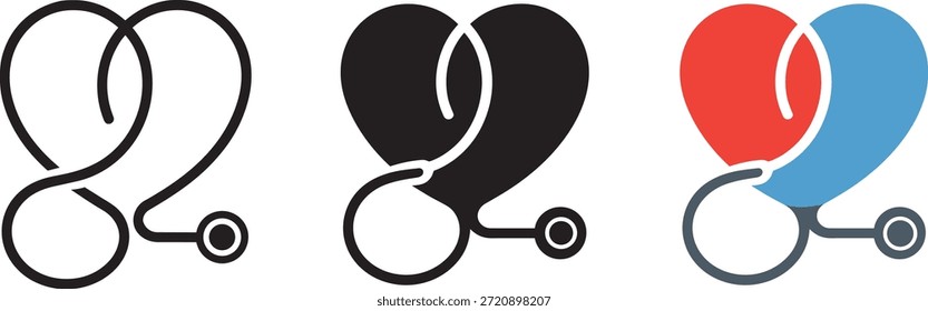 Estetoscópio no ícone da forma do coração define a ilustração vetorial. Símbolo da ferramenta de diagnóstico médico. Sinal de equipamento cardiológico.