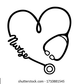 Stethoscope heart shape with lettering Nurse. Medical clipart icon monogram for nurses or doctors. Vector illustration