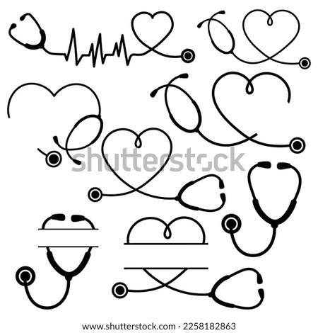 Stethoscope heart shape monogram for nurse,Nurse Name Frame, Medical clipart icon for nurses or doctors,
 Vector illustration,silhouette Heart shaped stethoscope  