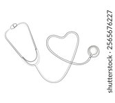 Stethoscope with heart shape vector illustration. Medical tool concept line art. Continuous one line drawing. Hand Drawn Stethoscope isolated on white background.