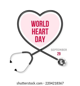 Stethoscope and heart shaped frame concept poster. World health day banner. Vector illustration. Healthcare background medical template, cardiology equipment isolated, cardiologist instrument