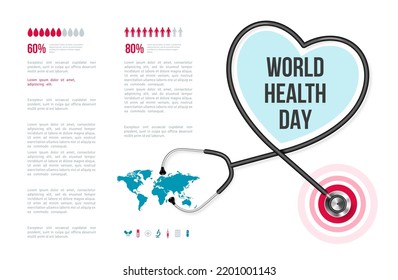 Stethoscope, Heart Shaped Frame Infograph Poster. World Health Day Infographics Banner. Vector Illustration. Healthcare Background Medical Template, Cardiology Equipment, Cardiologist Instrument