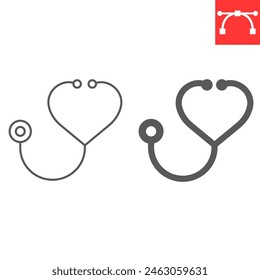 Stethoscope in heart shaped line and glyph icon, treatment and cardiology, heart shaped stethoscope vector icon, vector graphics, editable stroke outline sign, eps 10.