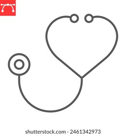 Stethoscope in heart shaped line icon, treatment and cardiology, heart shaped stethoscope vector icon, vector graphics, editable stroke outline sign, eps 10.