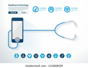 Stethoscope heart with smartphone creative design healthcare technology idea concept, Vector illustration layout template