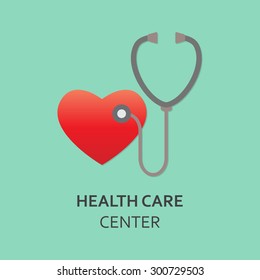 Stethoscope and heart symbol. Design element for medicine, cardiology and health care center. Colorful vector illustration.