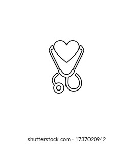 Stethoscope and heart symbol. Listening heartbeat. Heart rate measurement. Line icon design for health concept. svg