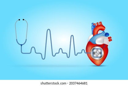 Stethoskop mit Herz. Instrumente für ärztliche Inspektion Herzschlag. Herzmedizin-Check-up Gesundheit und Medizin Konzept. Realistische 3D-Vektorgrafik