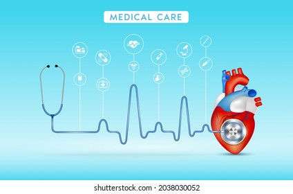 Stethoscope with heart. Tools for doctor inspect heartbeat. Heart medical check up  health and medicine concept. Realistic 3D vector illustration