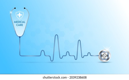 Stethoscope with heart. Tools for doctor inspect heartbeat. Heart medical check up  health and medicine concept. Realistic 3D vector illustration