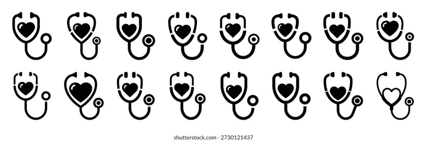 Estetoscopio con icono de Vector de corazón conjunto de colección de estilo múltiple. Silueta del día del doctor