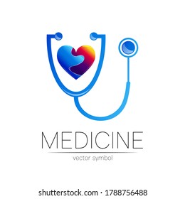 Stethoskop und Herz-Vektorlogotype in blauer Farbe. Medizinisches Symbol für Arzt, Klinik, Krankenhaus und Diagnostik. Modernes Konzept für Logo oder Identitätsstil. Zeichen der Gesundheit. Einzeln auf weißem Hintergrund