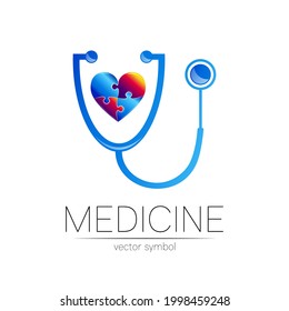 Stethoscope and heart vector logotype in blue color. Medical symbol for doctor, clinic, hospital and diagnostic. Modern concept for logo or identity style. Sign of health. Isolated on white background