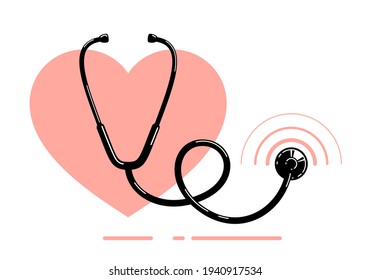 Stethoscope with heart vector simple icon isolated over white background, cardiology theme illustration or logo.