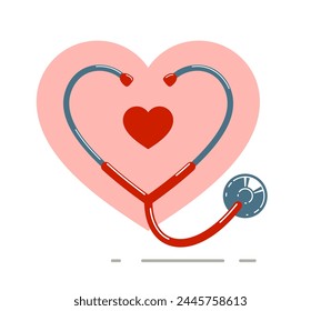 Stethoscope with heart vector simple icon isolated over white background, cardiology theme illustration or logo.