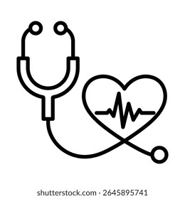 Stethoscope and heart with waveform icon. Symbolizes heart health, physical exams, diagnostics, and cardiovascular care.