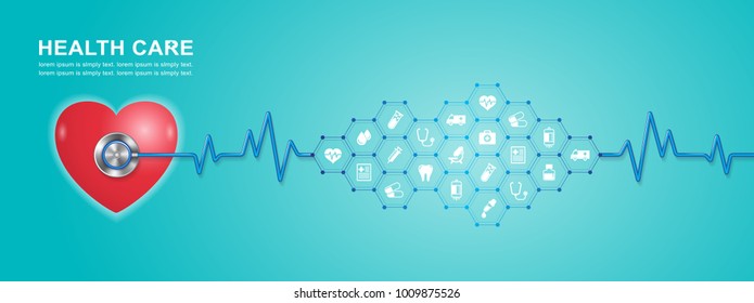 stethoscope and heartbeat flat icons in medicine, medical, health, cross, healthcare decoration for flyers, poster, web, banner, and card vector illustration