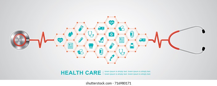 stethoscope and heartbeat flat icons in medicine, medical, health, cross, healthcare for background concepts vector illustration