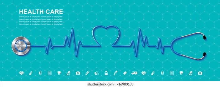 stethoscope and heartbeat flat icons in medicine, medical, health, cross, healthcare for background concepts vector illustration