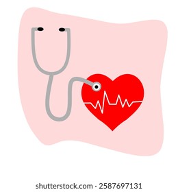 Stethoscope with heartbeat flat simple vector illustration. Stethoscope and red love heart pulse for heart health concept.