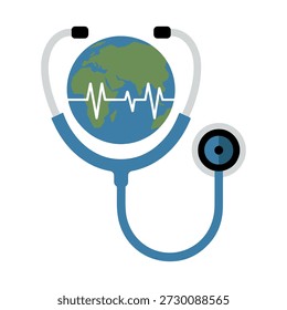 Stethoscope with heartbeat graph on globe symbolizing global healthcare and monitoring