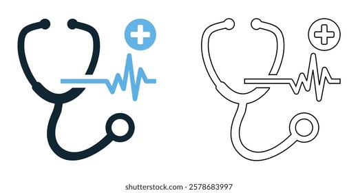 stethoscope with a heartbeat line icon vector, hospitals, clinics, doctors, and wellness pictogram symbol ui and ux design, glyphs and stroke line