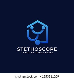 Stethoscope With Home Illustration Logo Design Vector Of Doctor And Nurse For Medical With Line Art. Graphic Design For Shirt, Background, Template, Layout, Website, Mobile App And More.