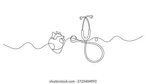 Estetoscópio e coração humano contínuo um desenho de linha em fundo branco