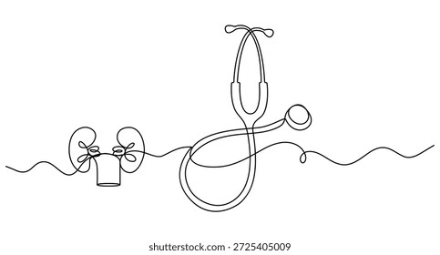 Estetoscópio e rins humanos contínuo um desenho de linha em fundo branco